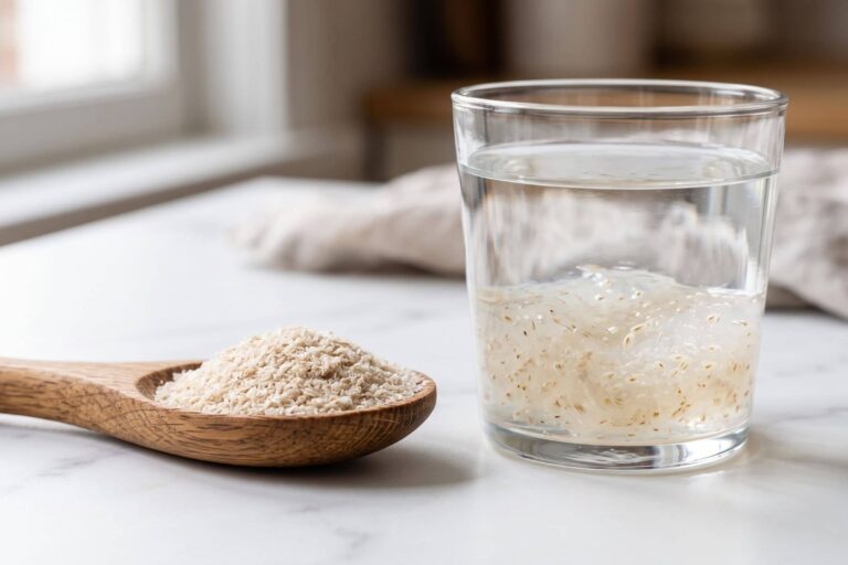 Cuillère de téguments de psyllium blond à côté d'un verre d'eau où le mucilage gonfle